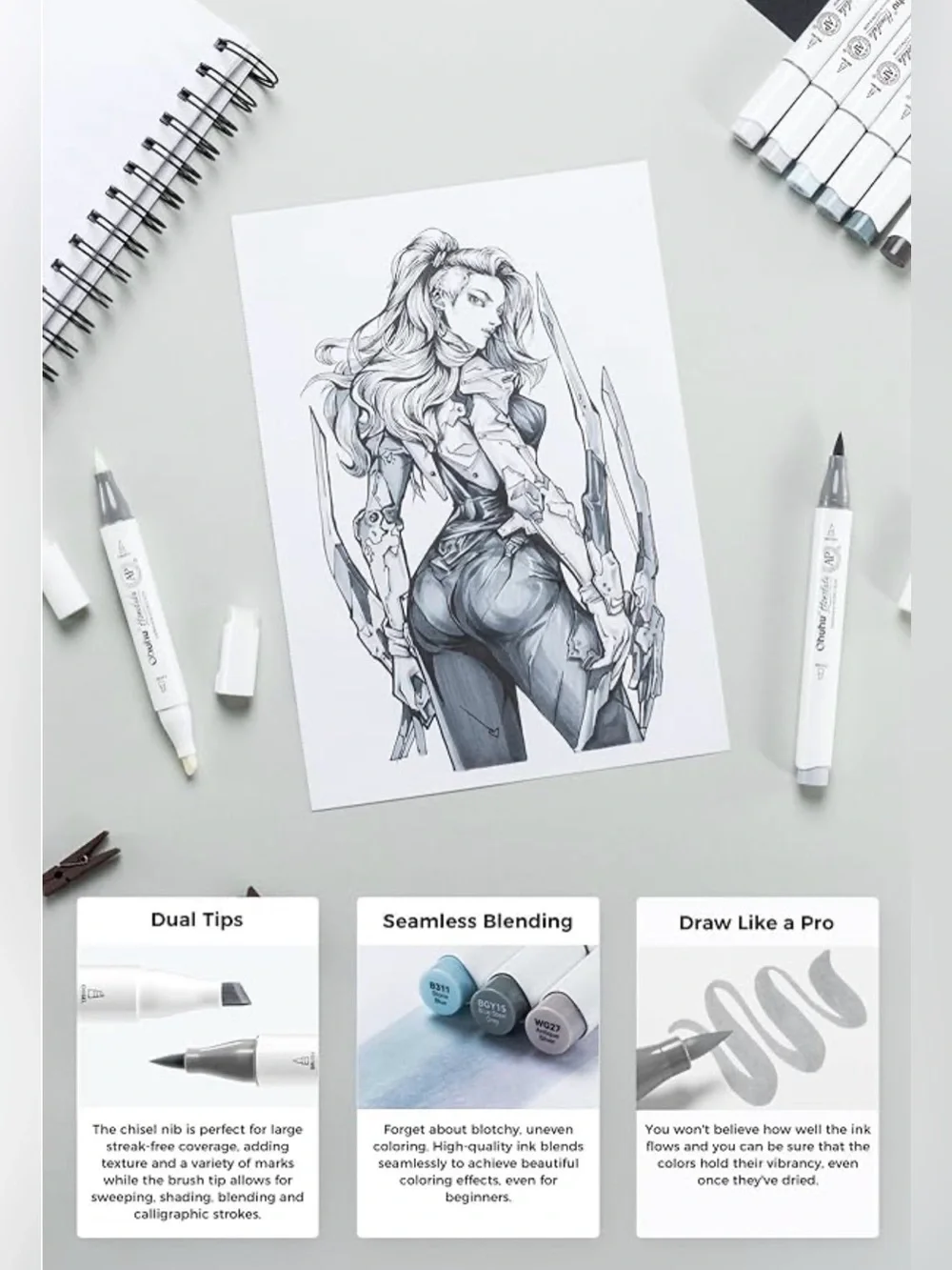 Ohuhu Dual Tip Art Markers - Cool Greys & Blues Set